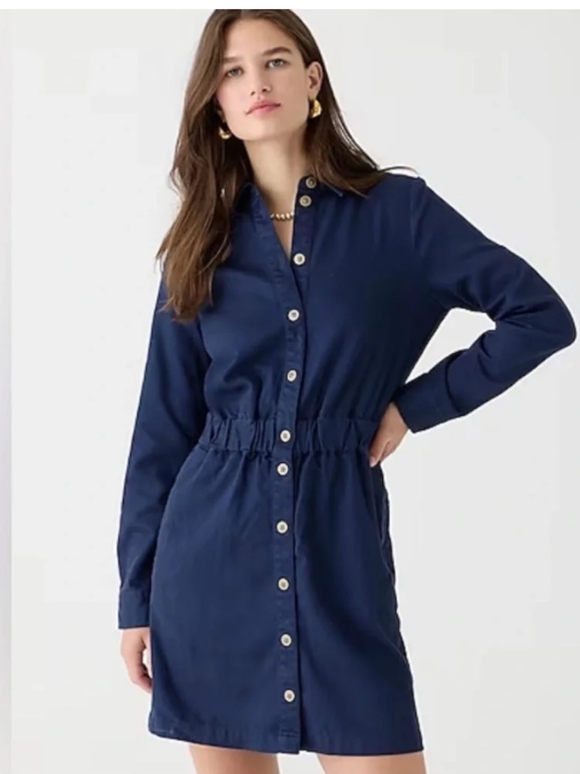 J. Crew Navy Button-Front Long-Sleeve Shirt Dress